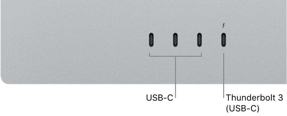 Tampilan dekat bagian belakang Studio Display menunjukkan tiga port USB-C di kiir dan port Thunderbolt 3 (USB-C) di kanan.