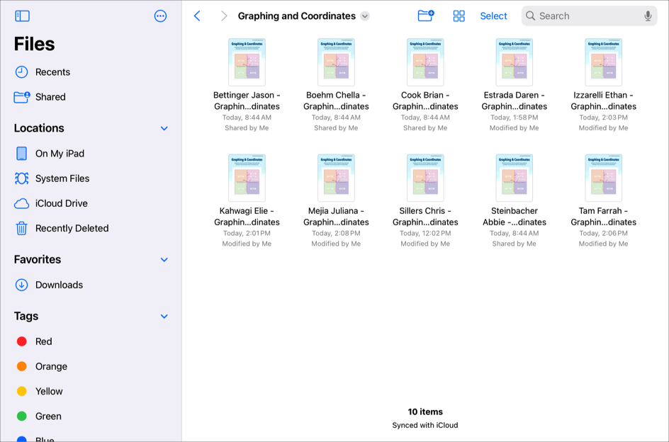 The Schoolwork > Mathematics > Graphing and Coordinates folder in iCloud Drive showing ten student Keynote files.