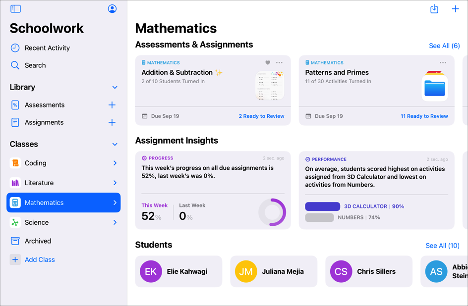 A sample class view showing work due, class insights, and students. To see how an individual student is doing on all their work and determine if they need extra challenges or attention, tap a student name.