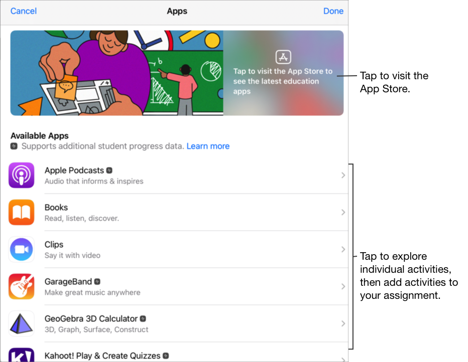 Het pop-upvenster 'Apps' toont zes apps, waarvan vier apps leerlingvoortgang ondersteunen. Tik op een app om individuele activiteiten te ontdekken en voeg de app of specifieke activiteiten toe aan je opdracht. Je kunt ook op de koptekst tikken om naar de App Store te gaan.