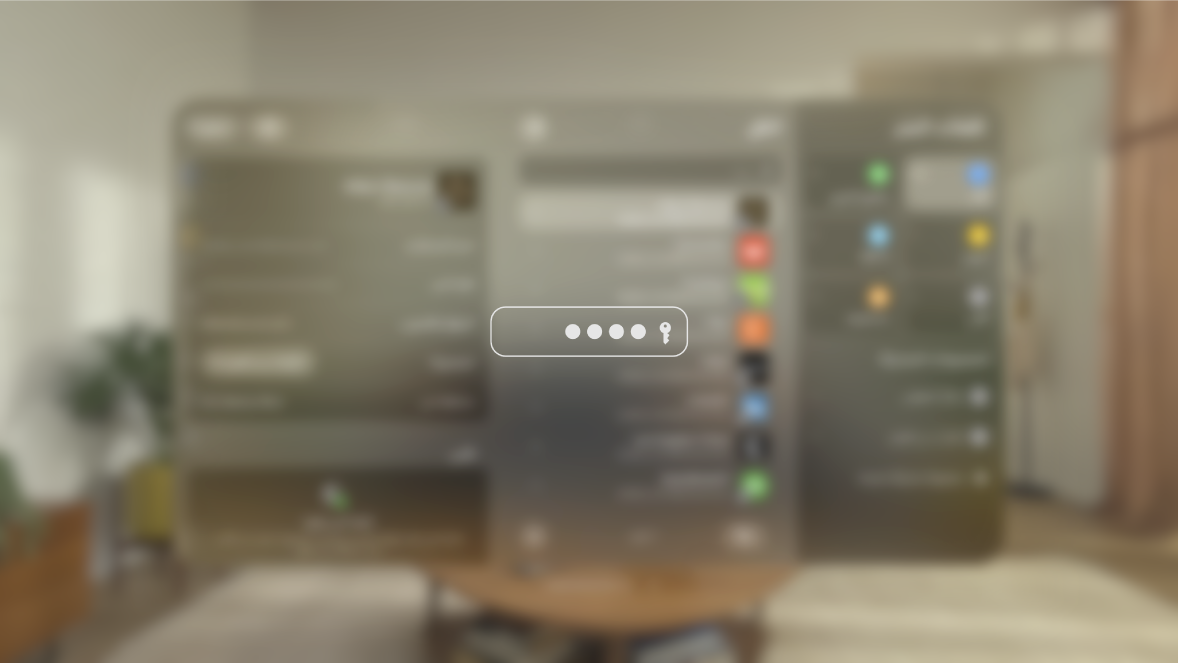 العرض على Apple Vision Pro أثناء كتابة كلمة السر، كما يراه أحد الأشخاص على شاشة معكوسة. الرؤية غير واضحة، وتظهر صورة تشير إلى أن المستخدم يقوم بإدخال كلمة سر.