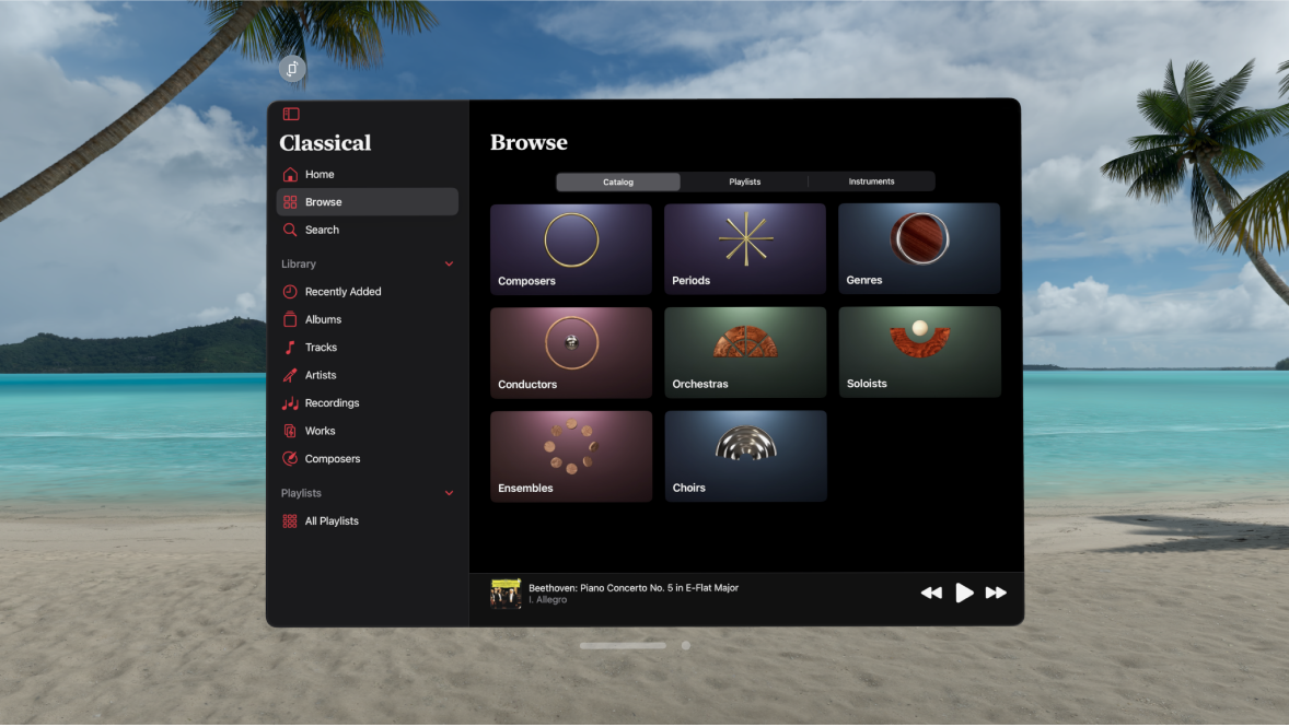 تطبيق Apple Music Classical على Apple Vision Pro، وتظهر به خيارات Catalog في علامة التبويب Browse.