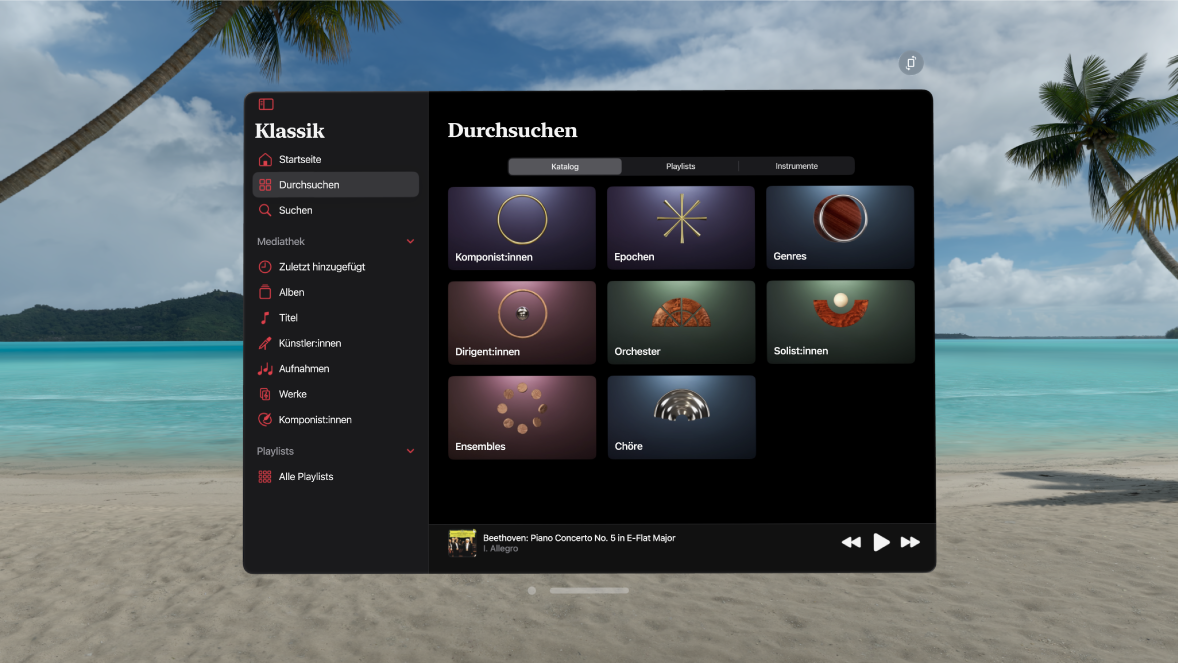 Die App „Apple Music Classical“ auf der Apple Vision Pro mit den Optionen „Katalog“ im Tab „Entdecken“.
