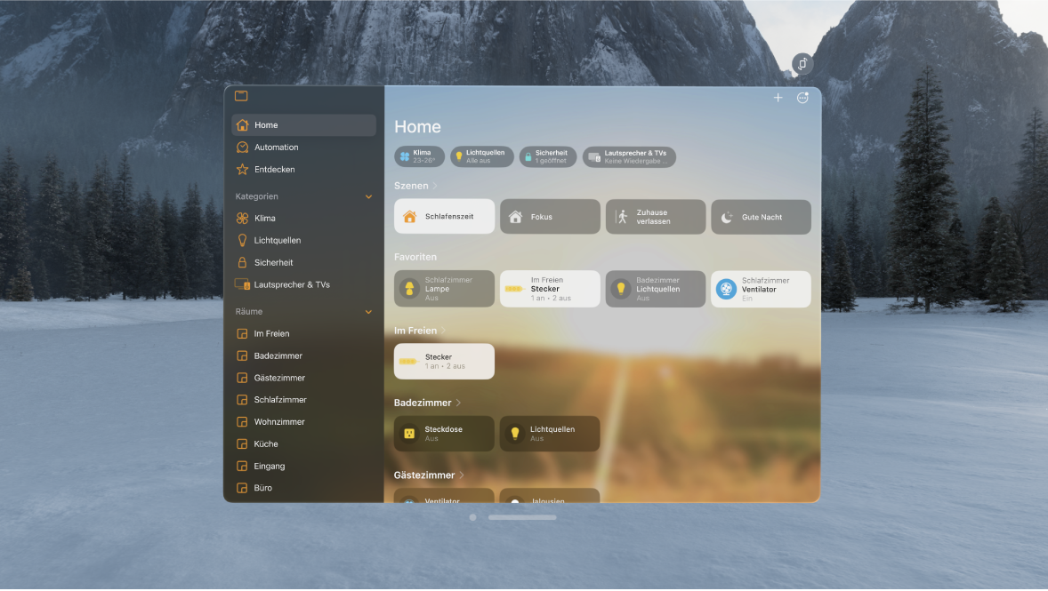 Die App „Home“ auf der Apple Vision Pro. Sie zeigt ein Zuhause mit Geräten, die nach Kategorien und Räumen sortiert sind.