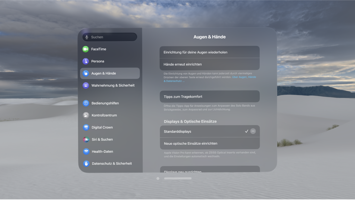 Die Einstellungen „Augen & Hände“ mit Optionen zum erneuten Ausführen der Einrichtung der Augen und Hände, zum Ändern der Einstellungen für die Handeingabe und mehr.
