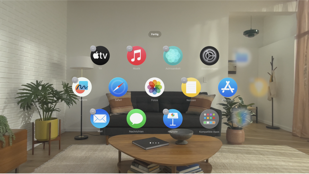 Wackelnde Apps in der Home-Ansicht der Apple Vision Pro.