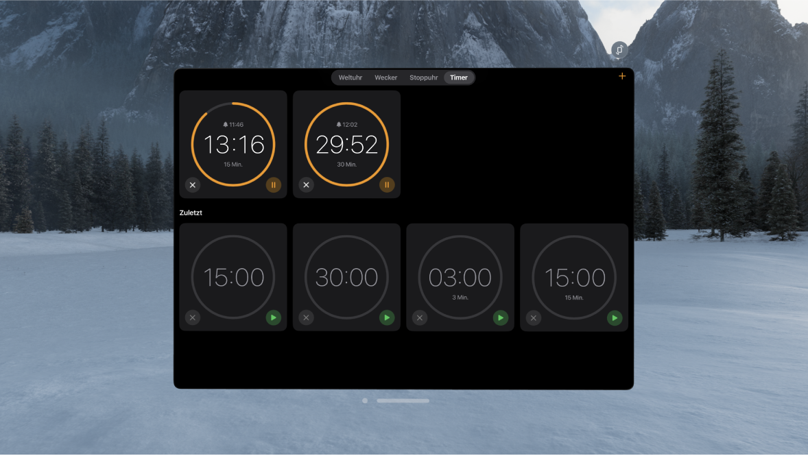 Die App „Uhr“ auf der Apple Vision Pro mit mehreren aktiven Timern.