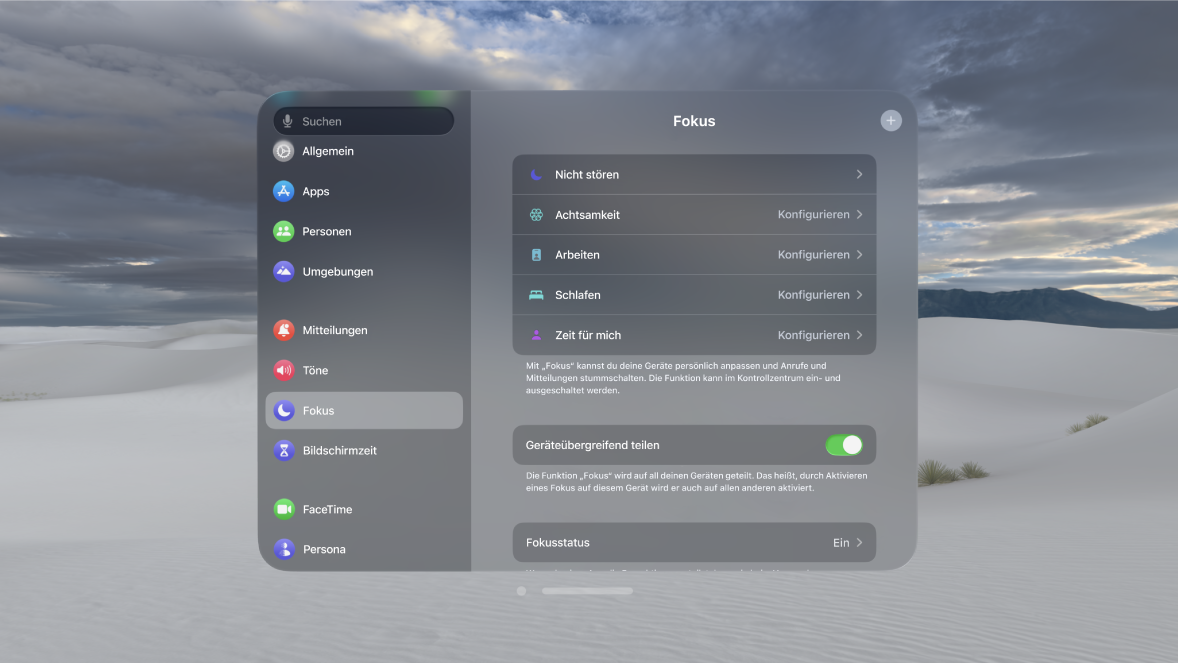 Einstellungen für „Fokus“ auf der Apple Vision Pro mit Optionen zum Einrichten eines Fokus, zum geräteübergreifenden Teilen und zum Teilen des Fokusstatus.