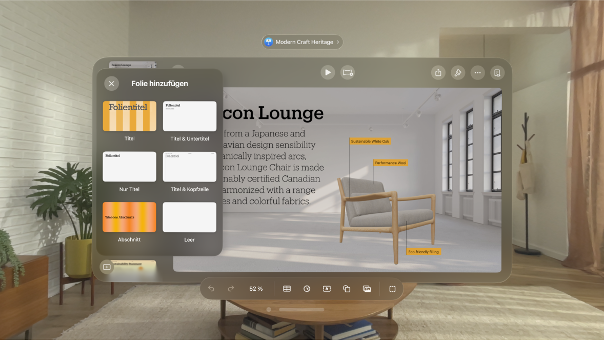 Die App „Keynote“ auf der Apple Vision Pro mit Optionen zum Hinzufügen einer neuen Folie.