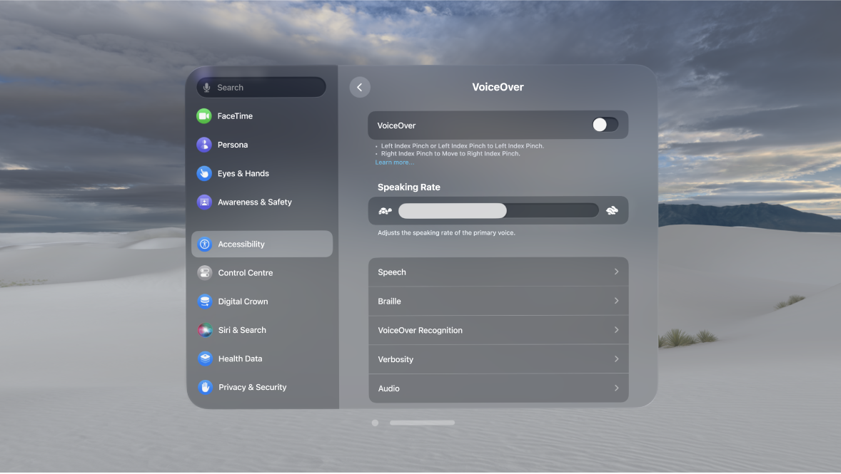 VoiceOver settings on Apple Vision Pro, showing settings for speaking rate, braille, verbosity and more.