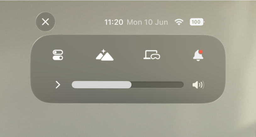 Control Centre at the top of the view, with options for opening Apps View, Environment settings, adjusting volume and more. The date, time and battery level are visible above Control Centre.