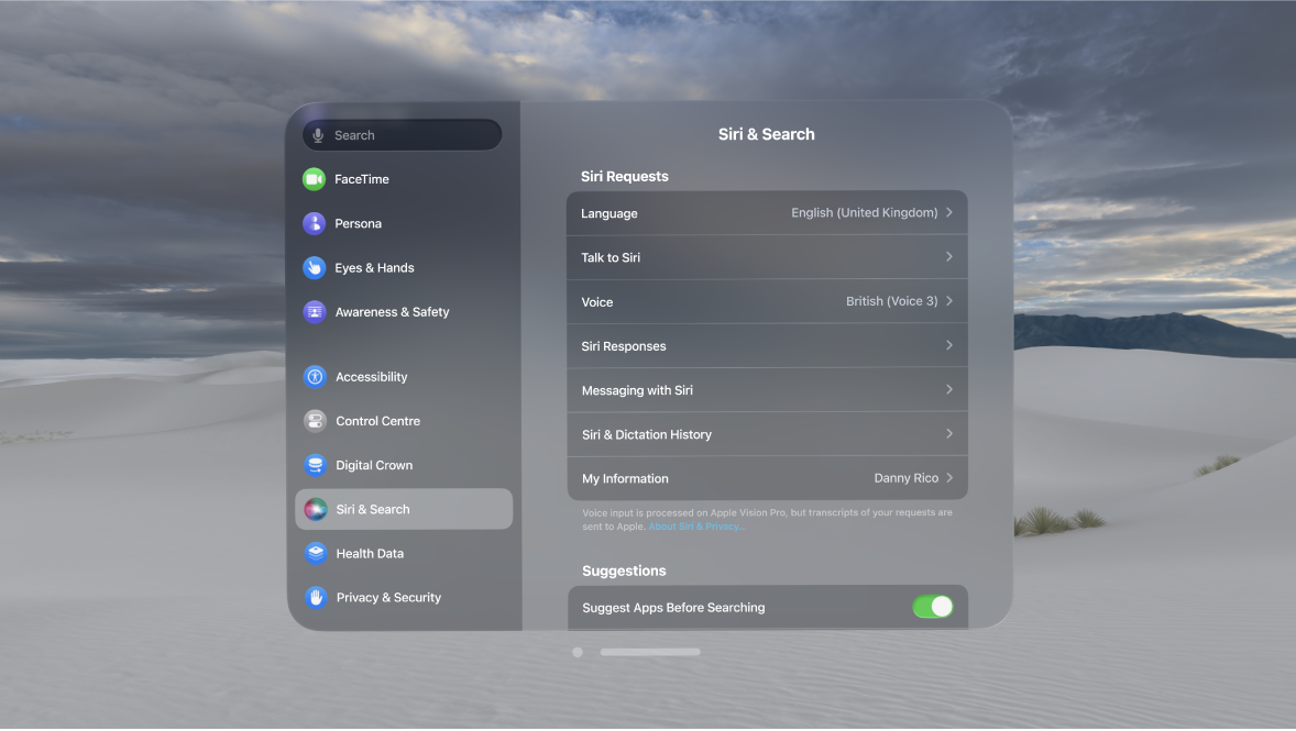 Siri & Search settings on Apple Vision Pro, where you can change when Siri responds, the Siri voice and more.