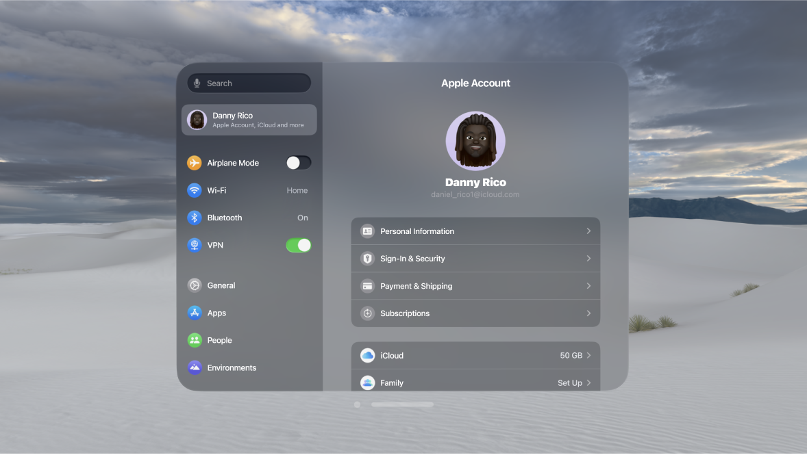 The Apple Account settings window on Apple Vision Pro, showing a signed in user with settings for Sign-in & Security, Subscriptions, iCloud and more.