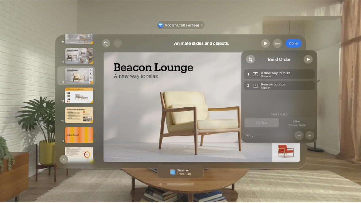 The Keynote app on Apple Vision Pro, showing the build order settings for the current slide.