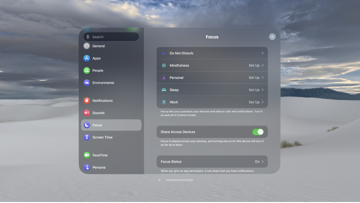 Focus settings on Apple Vision Pro, showing options to set up a focus, share across your devices, and share Focus status.