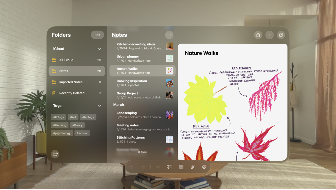 The Notes app on Apple Vision Pro, showing an open note and the toolbar at the bottom, with options for checklists, tables, photos, and drawing.