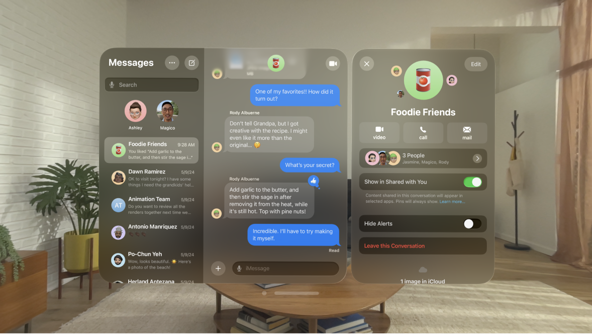 A group conversation in the Messages app on Apple Vision Pro. The group information is also visible on the right, showing the members in the group, an option to leave the group conversation, and more.