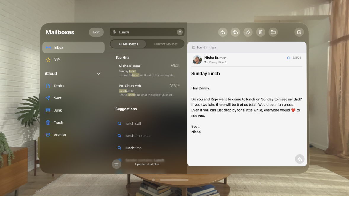 The Mail app on Apple Vision Pro, showing a search field and an email that matches the search.