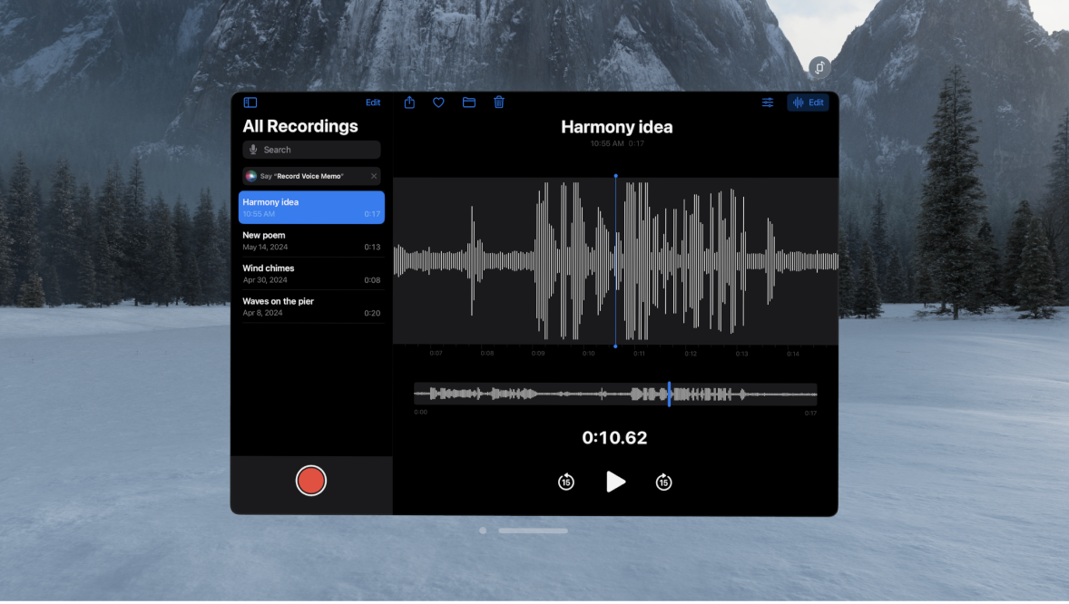 The Voice Memos app on Apple Vision Pro, showing a recording screen.