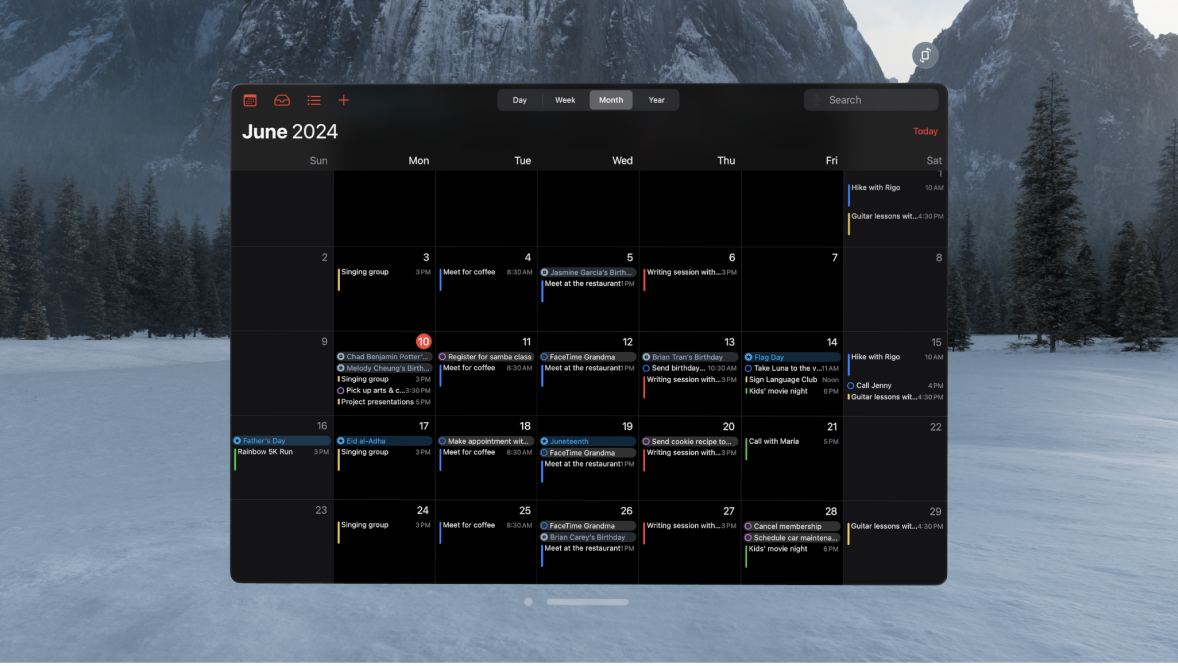 The Calendar app on Apple Vision Pro, showing a month of events.