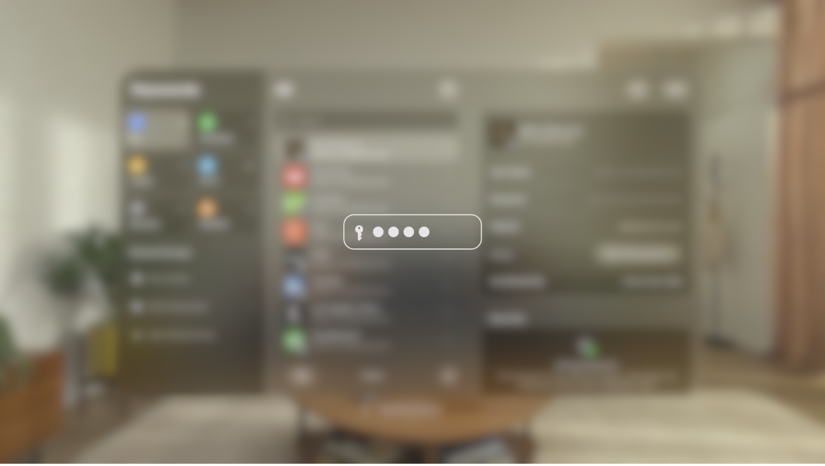 The view on Apple Vision Pro while a password is typed, as seen by someone watching on a mirrored display. The view is blurred, and an image indicates that the user is entering a password.