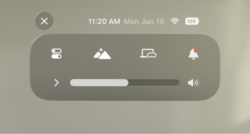 Control Center at the top of the view, with options for opening Apps View, Environment settings, adjusting volume, and more. The date, time, and battery level are visible above Control Center.