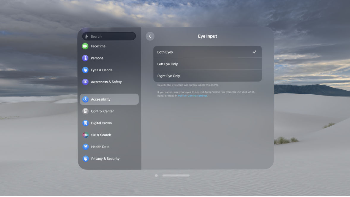 Eye Input settings on Apple Vision Pro, showing options to change which eyes to use to control your device.