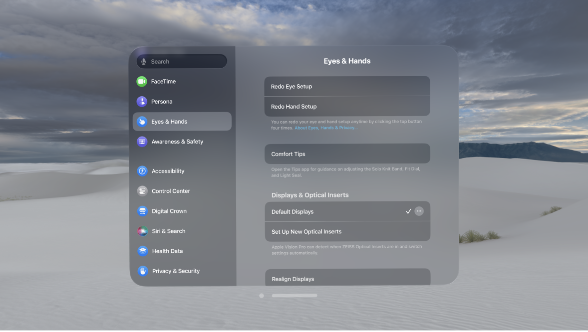 Eyes & Hands settings, with options to redo eye and hand setup, change Hand Input settings, and more.