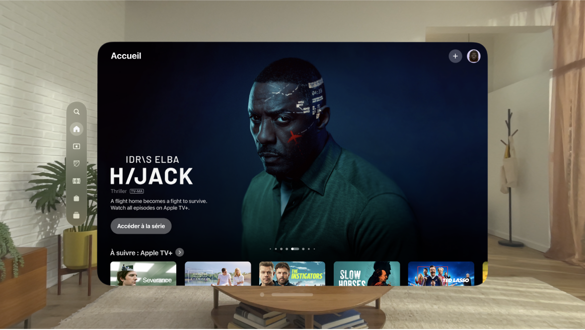 L’app Apple TV sur l’Apple Vision Pro, présentant l’onglet TV+. Plusieurs séries sont affichées à la sélection.