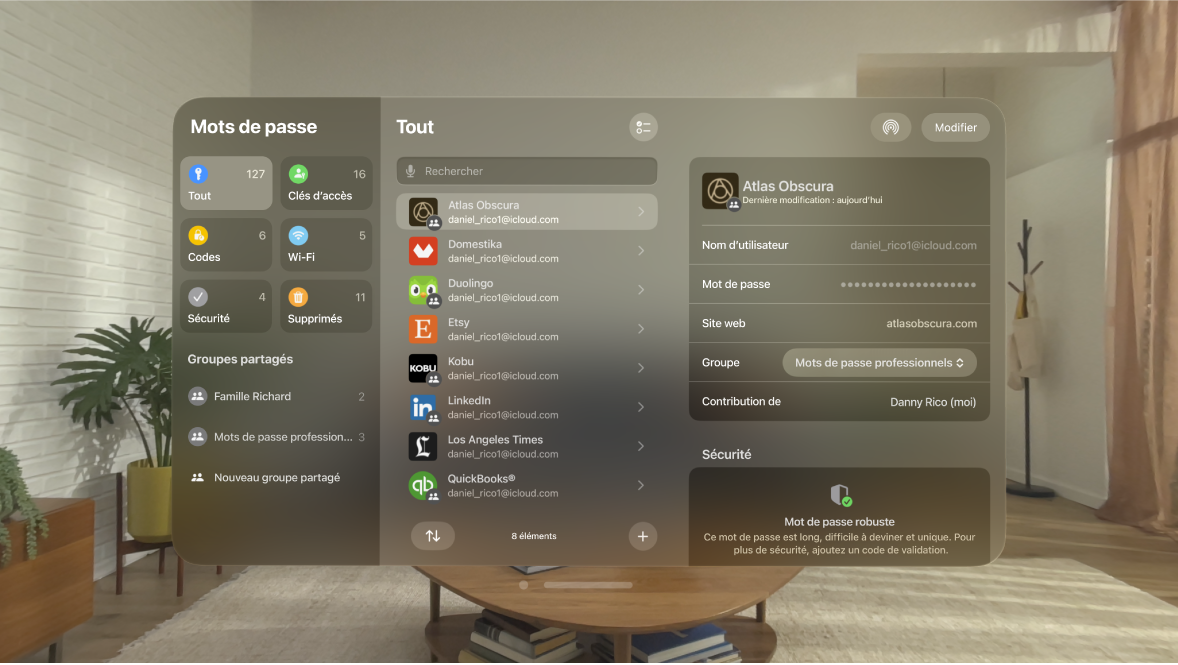 App Mots de passe sur l’Apple Vision Pro. Les comptes sont classés par ordre alphabétique et les informations d’un compte sont affichées sur la droite.