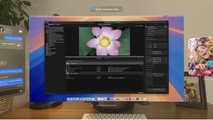 Écran virtuel du Mac affichant l’app Compressor ouverte. Les apps visionOS pour Musique et Messages sont également ouvertes.