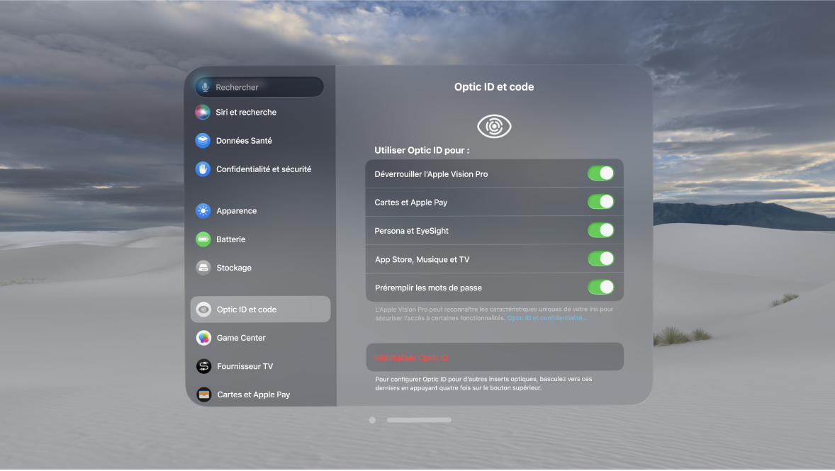 Réglages « Optic ID et code » sur l’Apple Vision Pro, affichant des options pour utiliser Optic ID pour le déverrouillage, la Persona, et plus encore, et pour réinitialiser Optic ID.