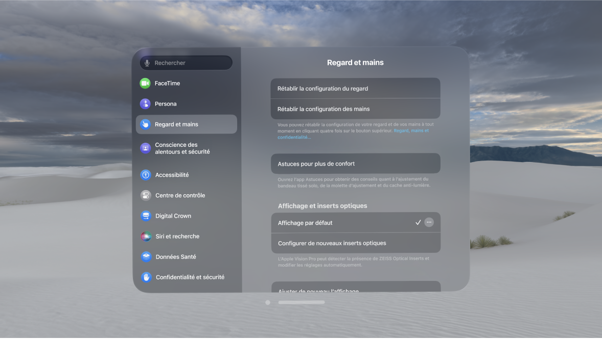 Réglages « Regard et mains », avec des options pour refaire la configuration du regard et des mains, modifier les réglages « Saisie manuelle », et plus.