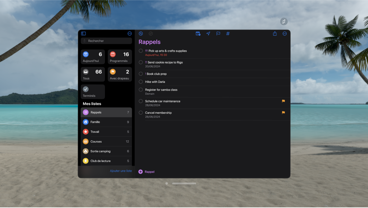 L’app Rappels sur l’Apple Vision Pro, affichant une liste de rappels décochés.