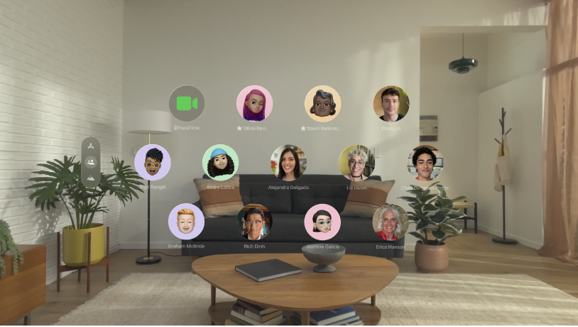 Apple Vision Pro 上的「人物視野」，顯示聯絡人列表以及開始 FaceTime 通話的選項。已釘選兩個聯絡人。