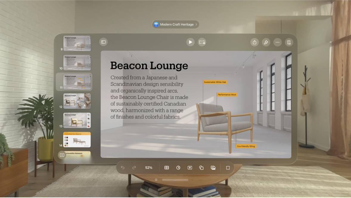 Apple Vision Pro 上的 Keynote App 在編輯顯示方式中顯示開啟的簡報，工具列在底部顯示。