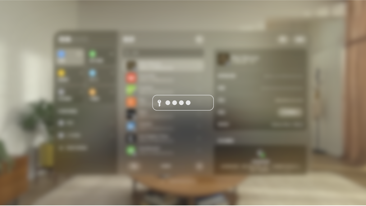 在輸入密碼時，其他人在鏡像輸出顯示器上看到的 Apple Vision Pro 顯示畫面。顯示畫面會變得模糊，有一個影像表示使用者正在輸入密碼。