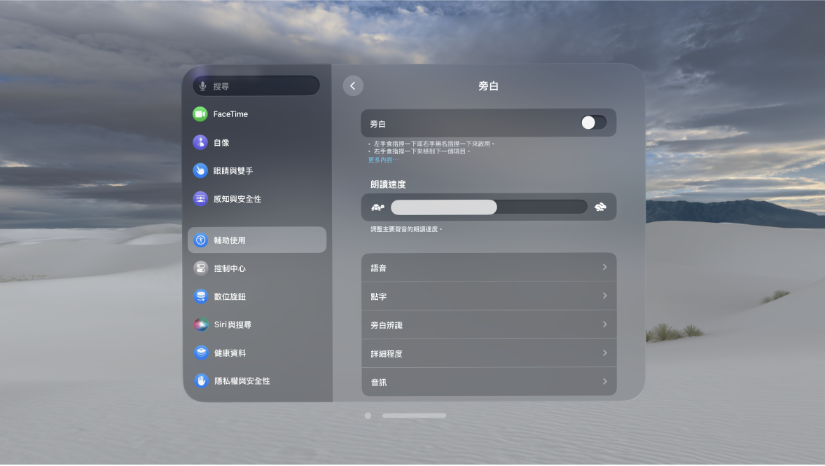 Apple Vision Pro 上的「旁白」設定，顯示朗讀速度、點字、詳細程度等等。