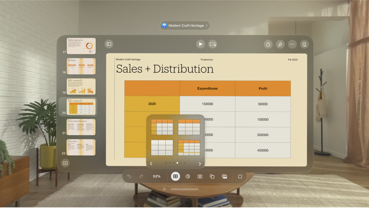 Apple Vision Pro 上的 Keynote App 顯示工具列中的表格選項。
