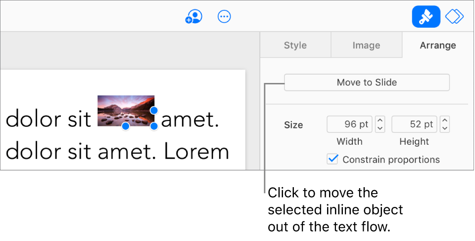 An inline image inside a text box is selected, and a Move to Slide button is visible in the Arrange tab in the sidebar.