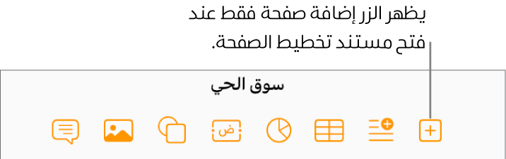 الجزء الأوسط من شريط الأدوات لمستند تخطيط الصفحة، مع زر "إضافة صفحة" على يمين الزر "إدراج".