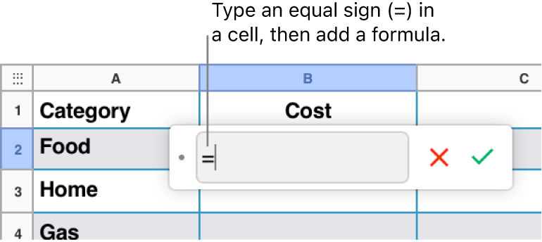 The formula editor with = and no formula entered.