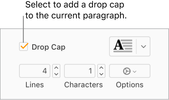 The Drop Cap checkbox is selected, and a pop-up menu appears to its right; controls for setting the line height, number of characters, and other options appear below it.