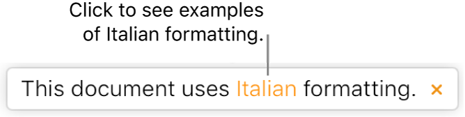 A message that says “This document uses Italian formatting.”