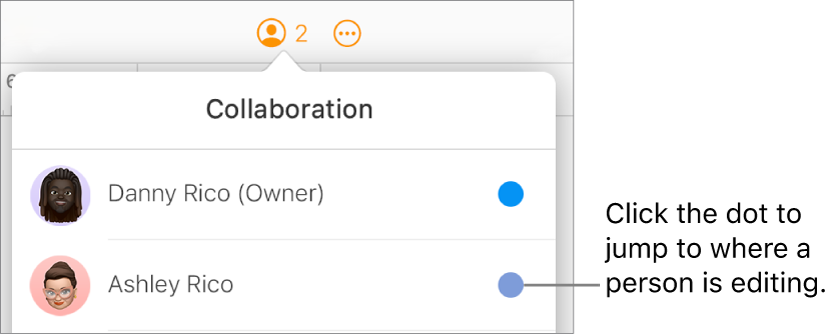 The Collaboration menu open, with two participants and a different color dot to the right of each name.