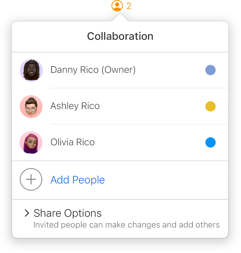 The Collaboration menu showing the names of people collaborating on the document. Share options are below the names.