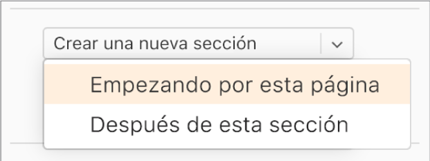 El menú desplegable “Crear una nueva sección” está abierto, y está seleccionado “Empezando por esta página”.