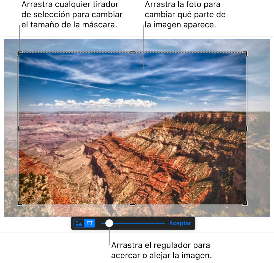 Imagen seleccionada con los controles Máscara en la parte inferior. Los bocadillos con esquinas indican un tirador de selección en la esquina, el contorno de la imagen y el regulador en la herramienta para enmascarar