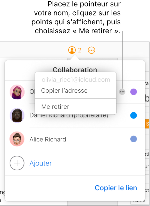 Le menu Collaboration est ouvert, avec un utilisateur cliquant sur le bouton Plus à droite du premier participant et une option Me retirer disponible.