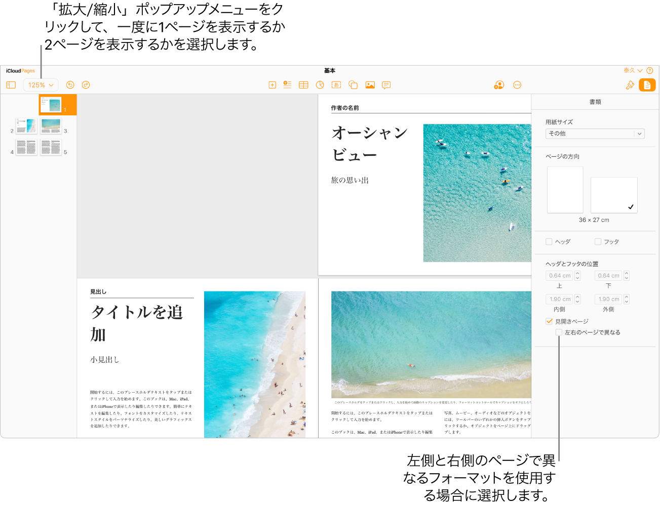 ページのサムネイルと書類のページが見開きで表示されているPages for iCloudウィンドウ。右側の「書類」サイドバーで、「左右のページが異なる」チェックボックスがオフになっています。